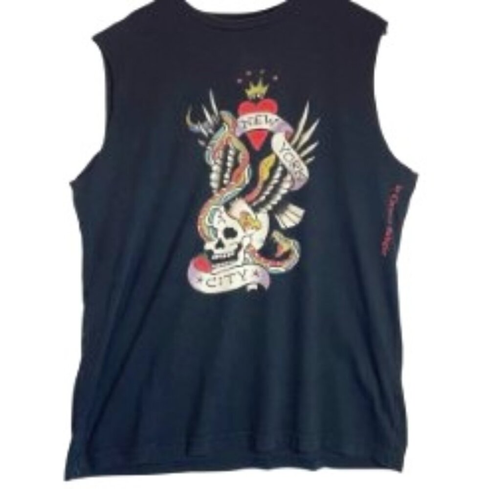 ED HARDY VINTAGE Y2K TEE BLACK SKULL/HEART/SNAKE NYC DIY SLEEVELESS XXL
